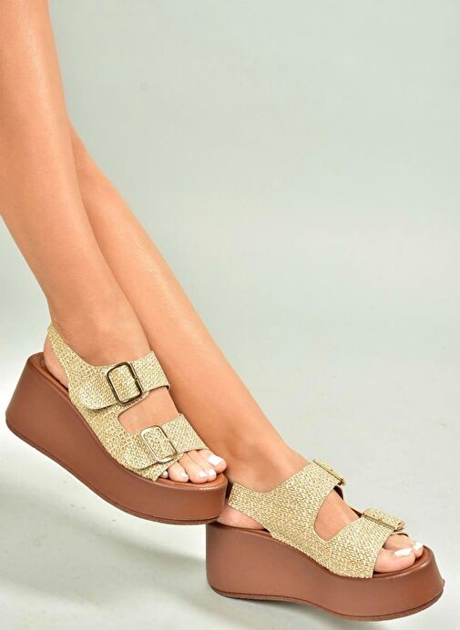 U946418517 Bej Hasır Dolgu Topuklu Kadın Ayakkabı - Görsel 3