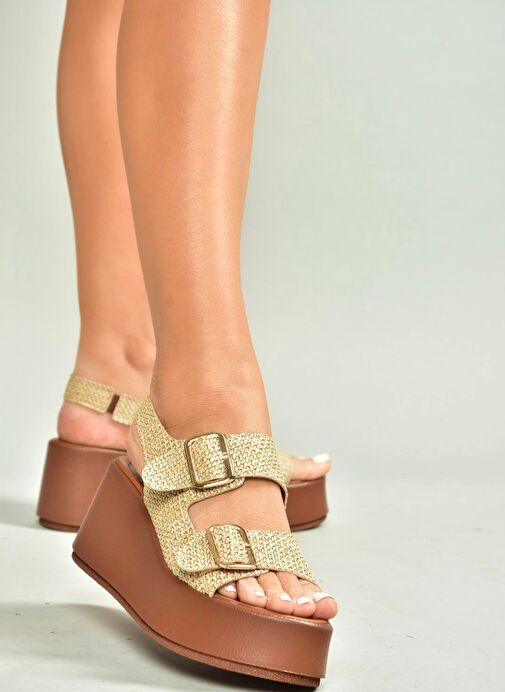 U946418517 Bej Hasır Dolgu Topuklu Kadın Ayakkabı - Görsel 4