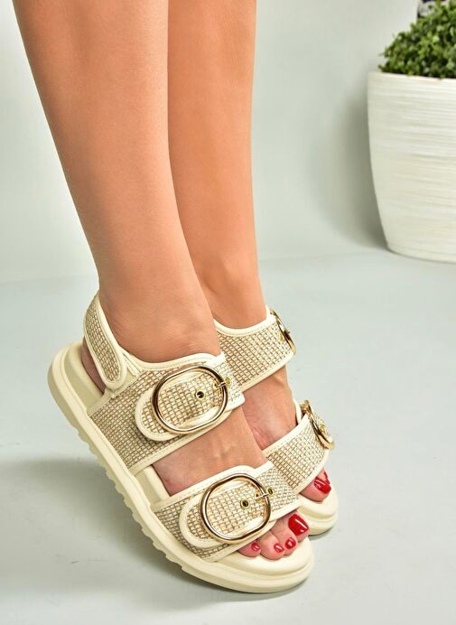 U725092117 Bej Hasır Kadın Sandalet - Görsel 5