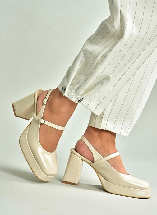 S282030908 Bej Rugan Kalın Topuklu Kadın Ayakkabı - Görsel 3