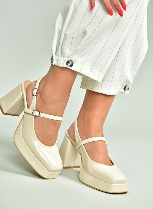 S282030908 Bej Rugan Kalın Topuklu Kadın Ayakkabı - Görsel 4