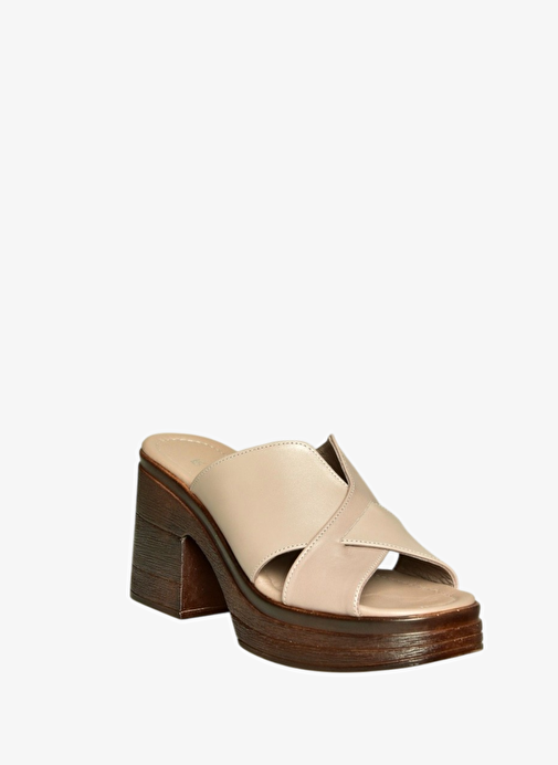 U555931503 Bej Hakiki Deri Kalın Topuklu Kadın Terlik - Görsel 7