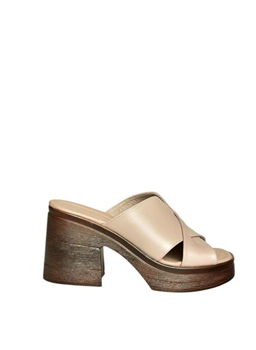 U555931503 Bej Hakiki Deri Kalın Topuklu Kadın Terlik - Görsel 6