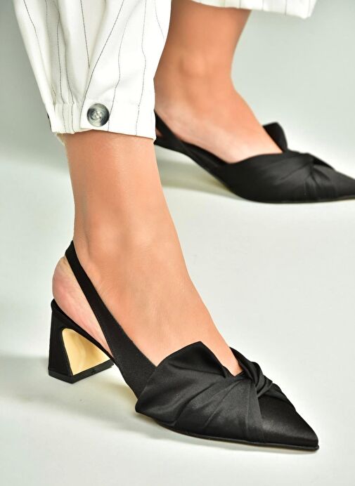 U654080704 Siyah Kumaş Kalın Topuklu Kadın Ayakkabı - Görsel 2