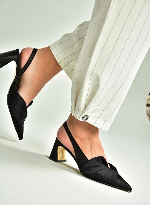 U654080704 Siyah Kumaş Kalın Topuklu Kadın Ayakkabı - Görsel 4