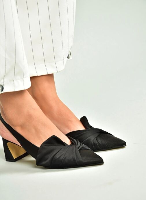 U654080704 Siyah Kumaş Kalın Topuklu Kadın Ayakkabı - Görsel 3