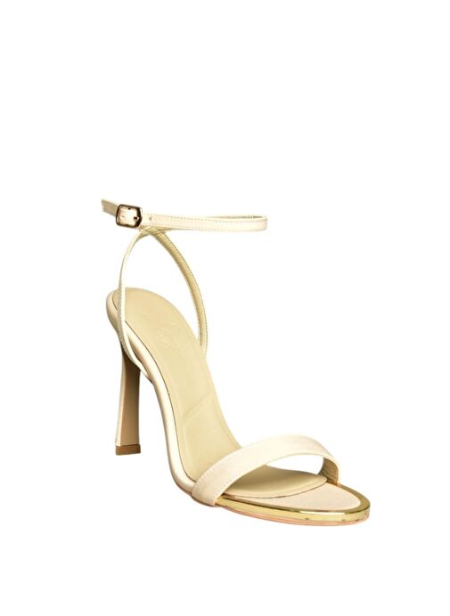 U676606204 Bej Kumaş Tek Bantlı Kalın Topuklu Kadın Ayakkabı - Görsel 7