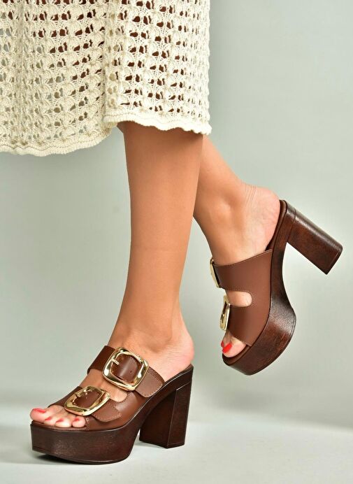 U820376609 Kahverengi Kalın Topuklu Kadın Terlik - Görsel 2