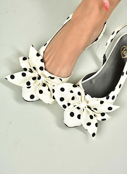 H726809004 Beyaz Puantiye/Siyah Kumaş Kadın Babet - Görsel 2