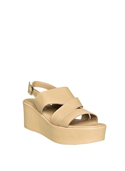 U555750203 Bej Hakiki Deri Dolgu Topuklu Kadın Ayakkabı - Görsel 6