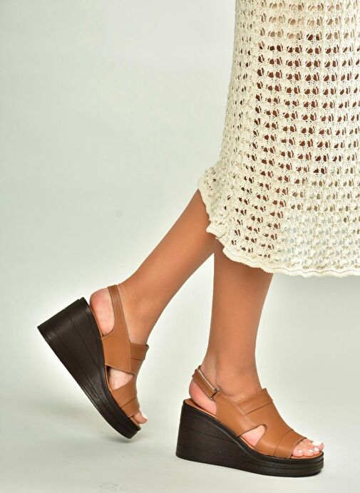 U555960303 Taba Hakiki Deri Dolgu Topuklu Kadın Ayakkabı - Görsel 4