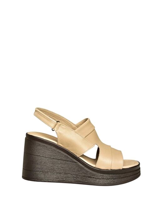 U555960303 Bej Hakiki Deri Dolgu Topuklu Kadın Ayakkabı - Görsel 7