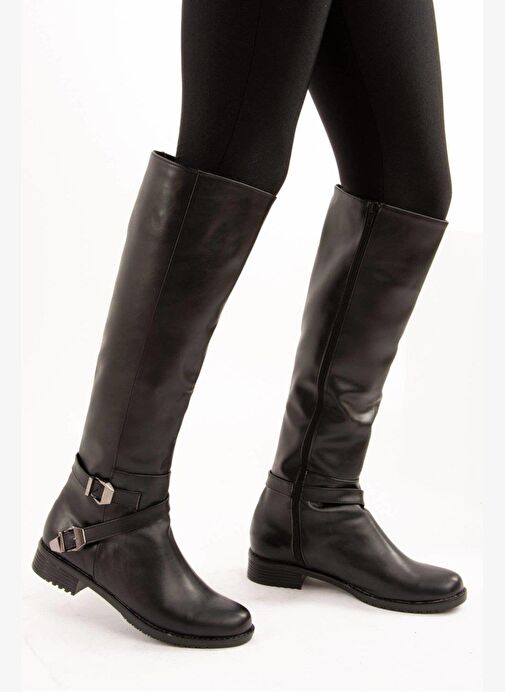 E726203409 Siyah Cilt Alçak Topuklu Kadın Çizme - Görsel 2