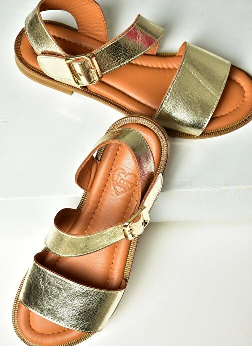 U944150303 Altın Kalın Bantlı Hakiki Deri Kadın Sandalet - Görsel 4