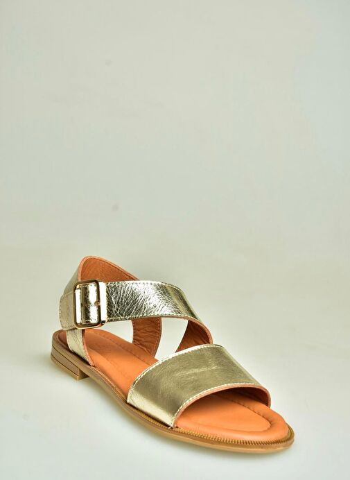 U944150303 Altın Kalın Bantlı Hakiki Deri Kadın Sandalet - Görsel 2