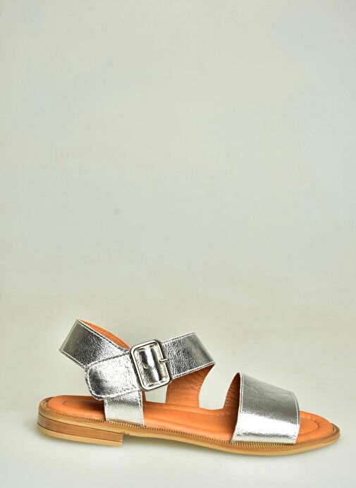 U944150303 Gümüş Kalın Bantlı Hakiki Deri Kadın Sandalet - Görsel 3