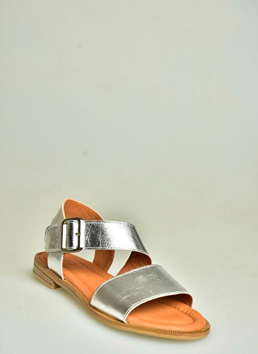 U944150303 Gümüş Kalın Bantlı Hakiki Deri Kadın Sandalet - Görsel 2