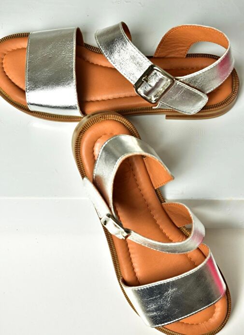 U944150303 Gümüş Kalın Bantlı Hakiki Deri Kadın Sandalet - Görsel 4