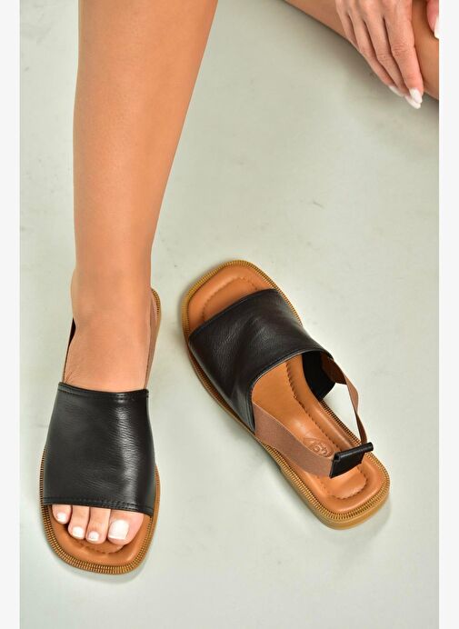 U944704203 Siyah Hakiki Deri Kadın Sandalet - Görsel 4