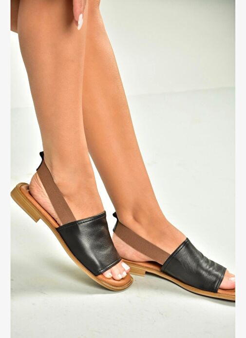 U944704203 Siyah Hakiki Deri Kadın Sandalet - Görsel 5