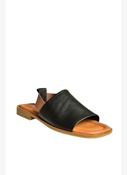 U944704203 Siyah Hakiki Deri Kadın Sandalet - Görsel 6