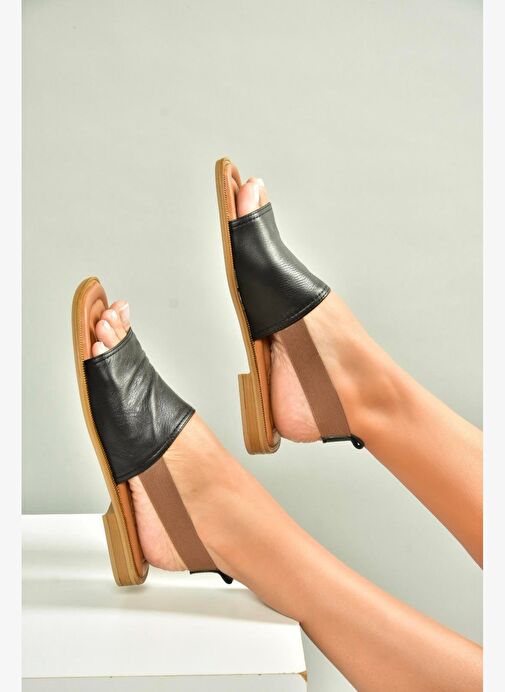 U944704203 Siyah Hakiki Deri Kadın Sandalet - Görsel 2