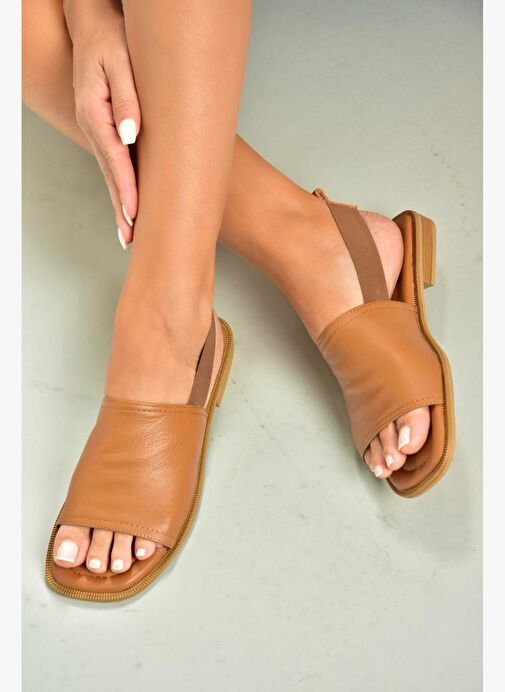 U944704203 Taba Hakiki Deri Kadın Sandalet - Görsel 5