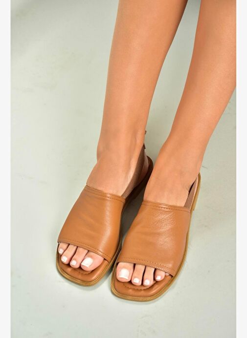 U944704203 Taba Hakiki Deri Kadın Sandalet - Görsel 4
