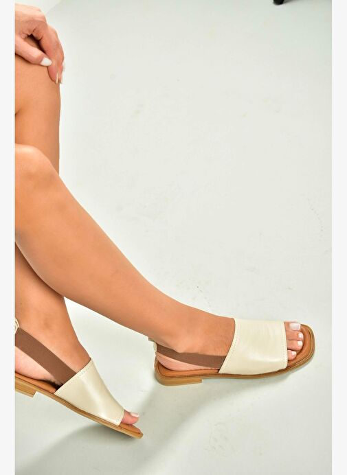U944704203 Bej Hakiki Deri Kadın Sandalet - Görsel 2