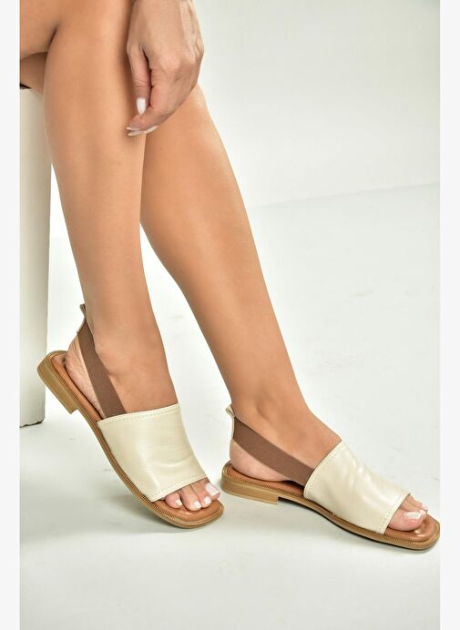U944704203 Bej Hakiki Deri Kadın Sandalet - Görsel 3