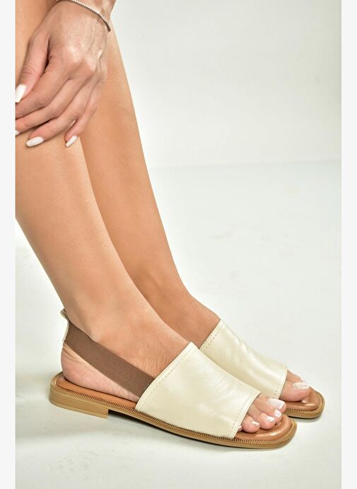 U944704203 Bej Hakiki Deri Kadın Sandalet - Görsel 4