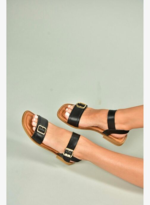 U944834003 Siyah Hakiki Deri Kadın Sandalet - Görsel 4