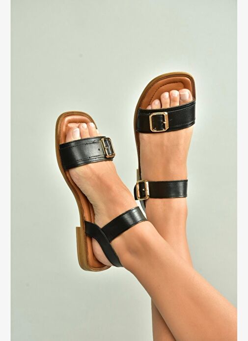 U944834003 Siyah Hakiki Deri Kadın Sandalet - Görsel 2
