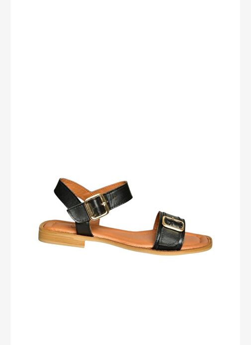 U944834003 Siyah Hakiki Deri Kadın Sandalet - Görsel 6