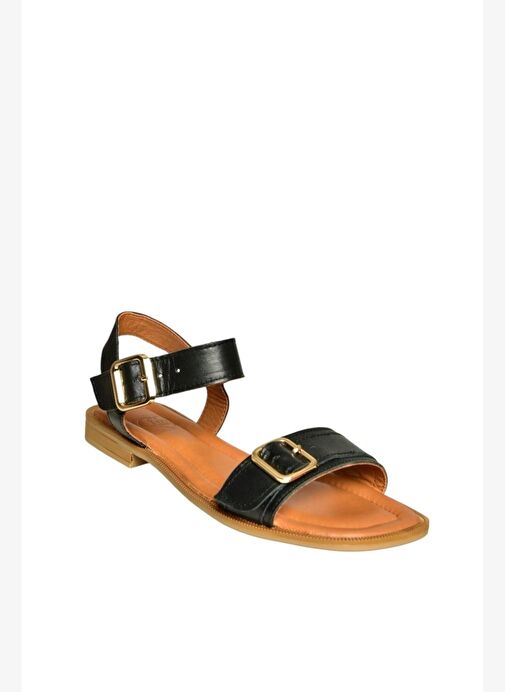 U944834003 Siyah Hakiki Deri Kadın Sandalet - Görsel 7