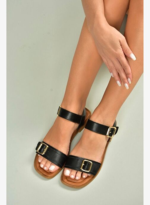 U944834003 Siyah Hakiki Deri Kadın Sandalet - Görsel 5