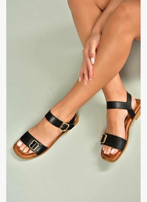 U944834003 Siyah Hakiki Deri Kadın Sandalet - Görsel 3
