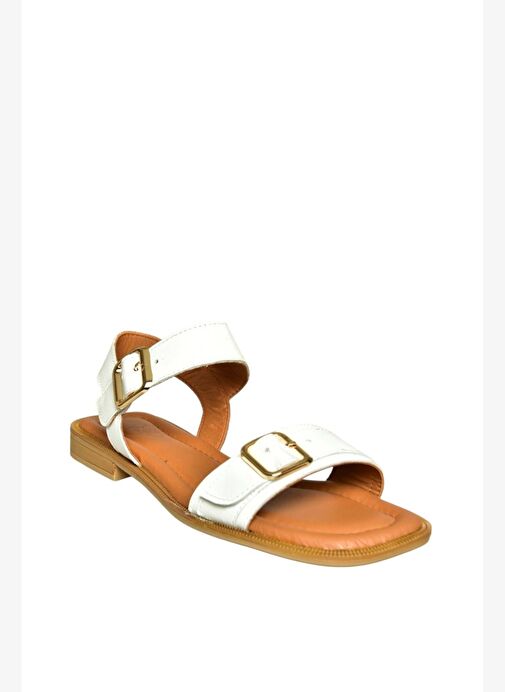 U944834003 Beyaz Hakiki Deri Kadın Sandalet - Görsel 6