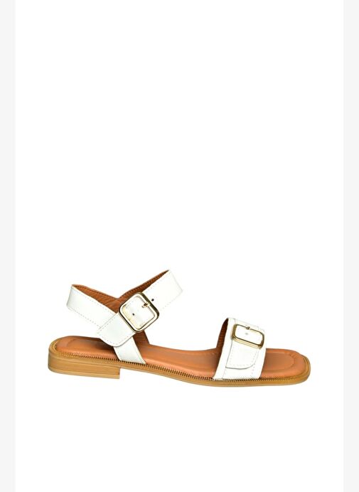 U944834003 Beyaz Hakiki Deri Kadın Sandalet - Görsel 7