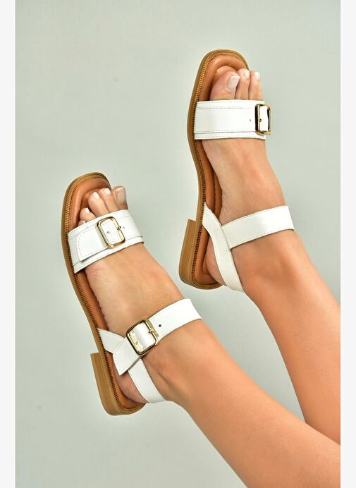 U944834003 Beyaz Hakiki Deri Kadın Sandalet - Görsel 2