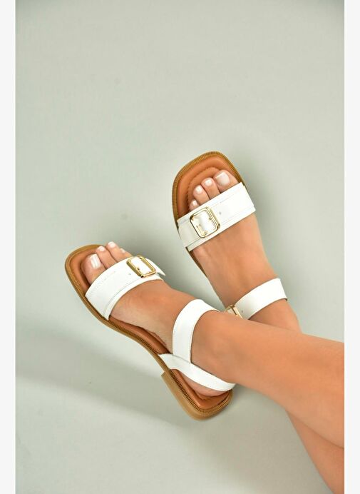 U944834003 Beyaz Hakiki Deri Kadın Sandalet - Görsel 3