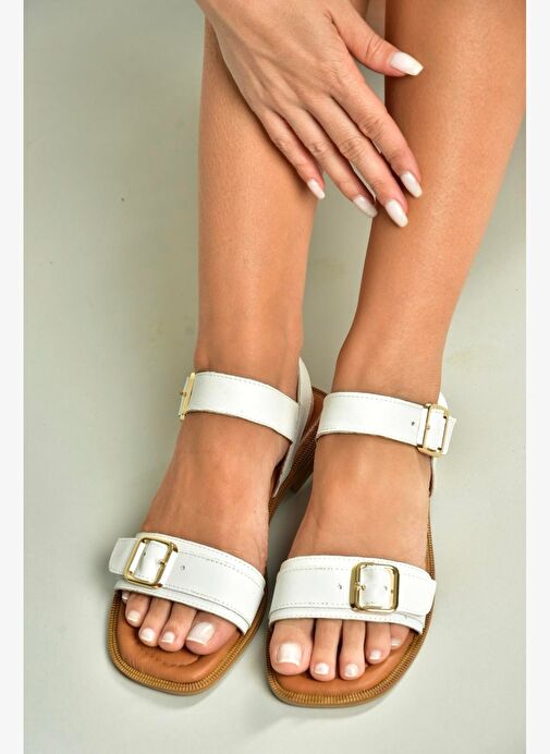 U944834003 Beyaz Hakiki Deri Kadın Sandalet - Görsel 5