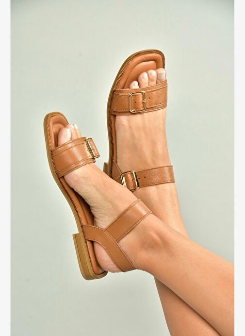 U944834003 Taba Hakiki Deri Kadın Sandalet - Görsel 5