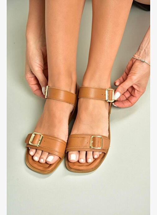 U944834003 Taba Hakiki Deri Kadın Sandalet - Görsel 4