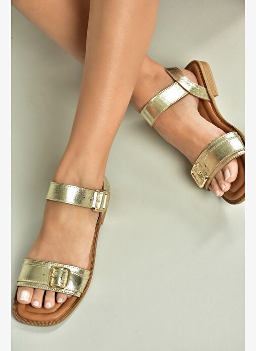 U944834003 Altın Hakiki Deri Kadın Sandalet - Görsel 4