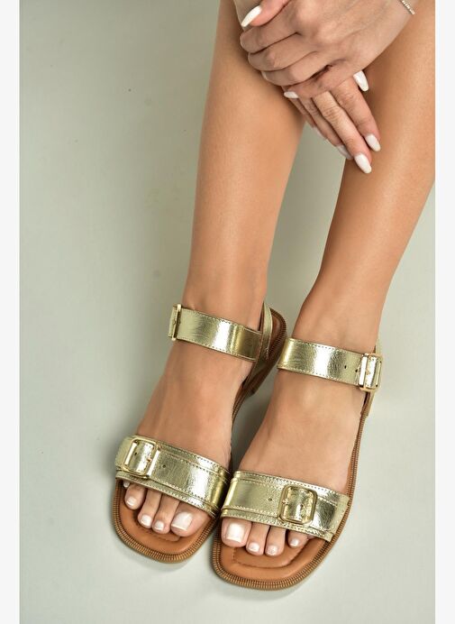 U944834003 Altın Hakiki Deri Kadın Sandalet - Görsel 5