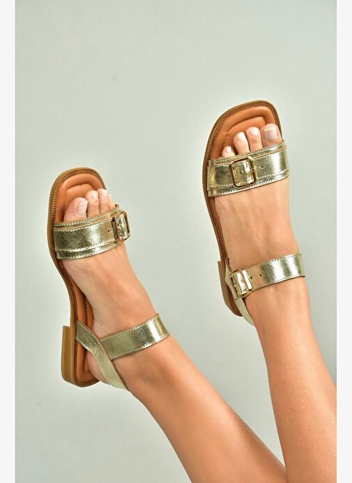 U944834003 Altın Hakiki Deri Kadın Sandalet - Görsel 2