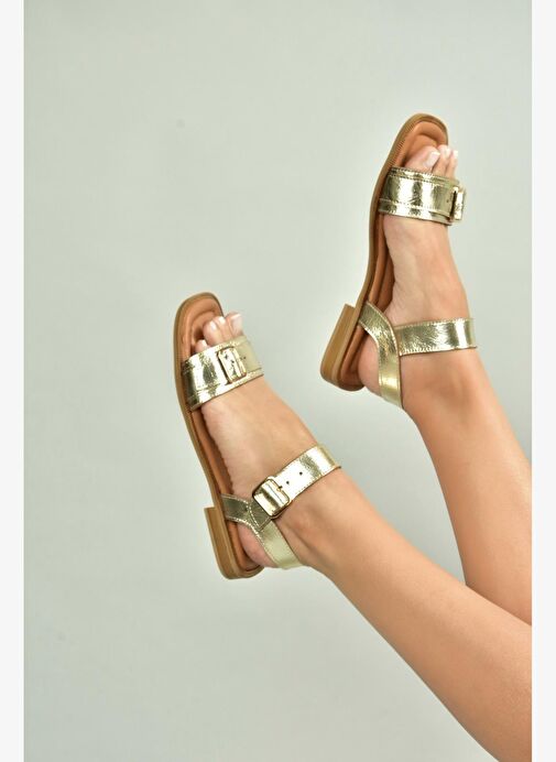 U944834003 Altın Hakiki Deri Kadın Sandalet - Görsel 3