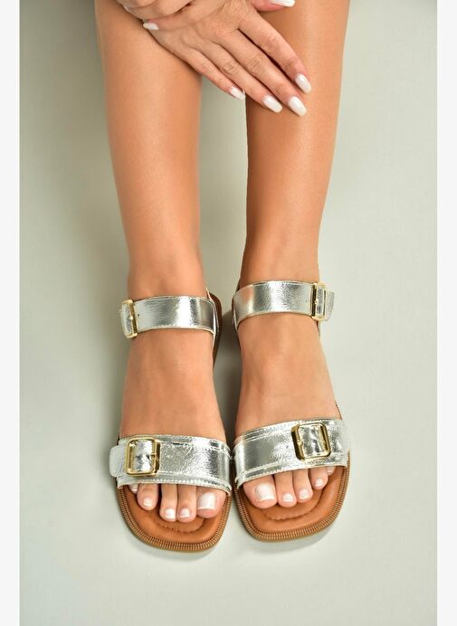 U944834003 Gümüş Hakiki Deri Kadın Sandalet - Görsel 5