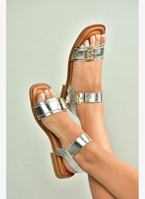 U944834003 Gümüş Hakiki Deri Kadın Sandalet - Görsel 2